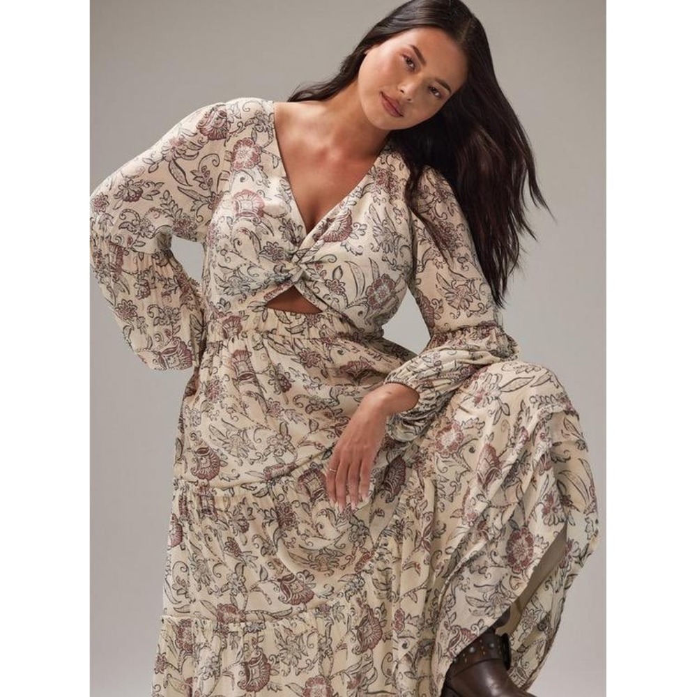 Torrid Women's 3X Ivory Maxi Dress Festi V Neck Jacobean Floral Long Sleeve New